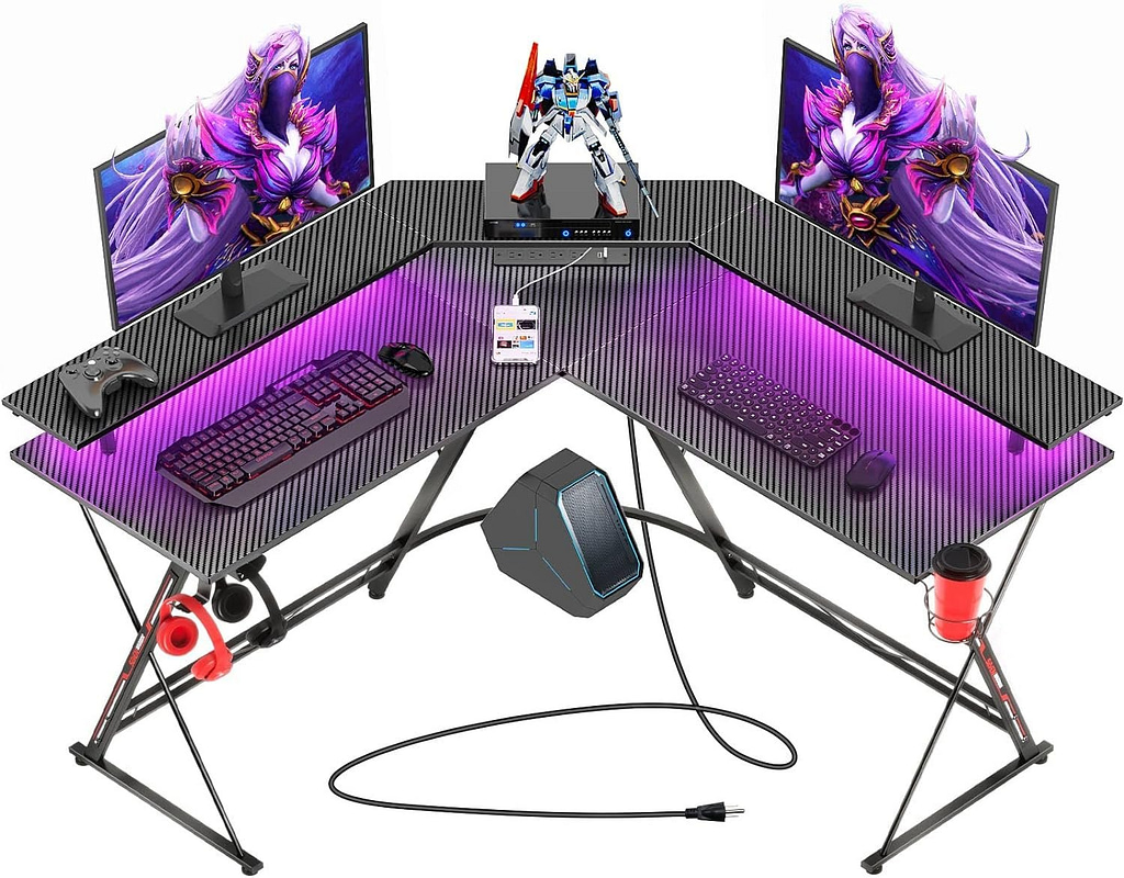 SEVEN WARRIOR L Shaped Gaming Desk with LED Lights  Power Outlets, 50.4” Computer Desk with Monitor Stand  Carbon Fiber Surface, Corner Desk with Cup Holder, Gaming Table with Hooks, Black