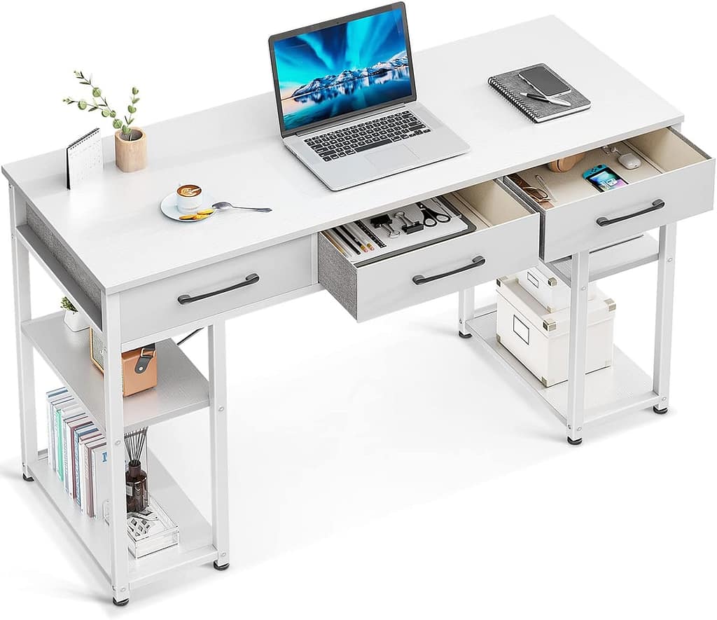 ODK Office Small Computer Desk: Home Table with Fabric Drawers  Storage Shelves, Modern Writing Desk, White, 48x16