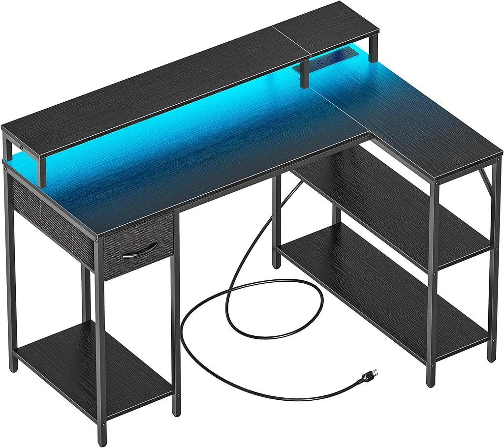 SUPERJARE L Shaped Gaming Desk with LED Lights  Power Outlets, Reversible Computer Desk with Shelves  Drawer, Corner Desk Home Office Desk, Black