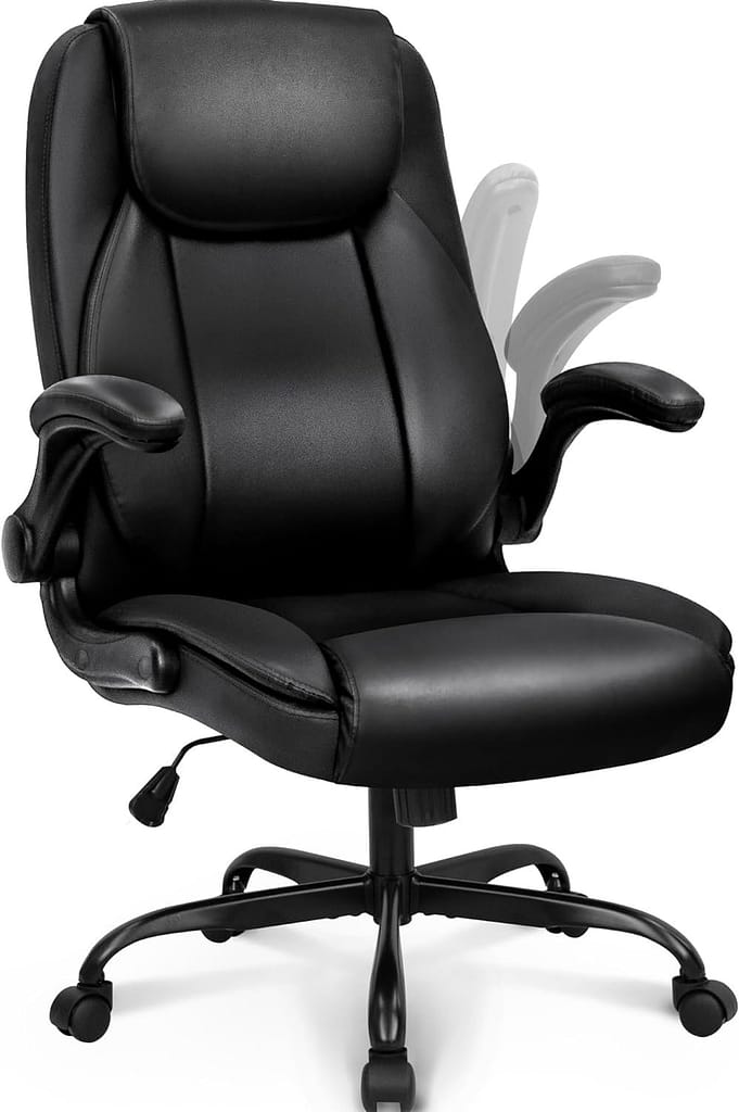 NEO CHAIR Ergonomic Office Chair PU Leather Executive Chair Padded Flip Up Armrest Computer Chair Adjustable Height High Back Lumbar Support Wheels Swivel for Gaming Desk Chair (Black)