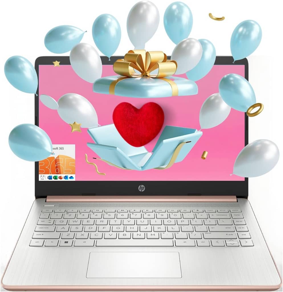 HP Essential Laptop, 14 HD Display, Intel Celeron N4120, 16GB RAM, 64GB eMMC, Webcam, HDMI, Wi-Fi, RJ-45, 1 Year Office 365, Windows 11 Home, Rose Gold